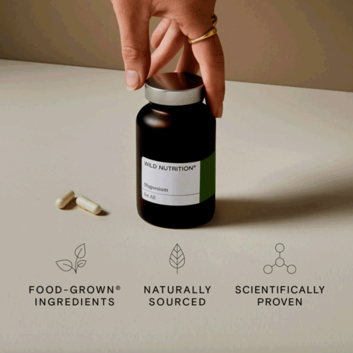 Image shows a bottle of Food-Grown® Magnesium from Wild Nutrition.